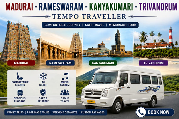 Madurai Rameswaram Kanyakumari Trivandrum Tempo Traveller,  Book Innova Car in Madurai, Innova Crysta for rent in Madurai