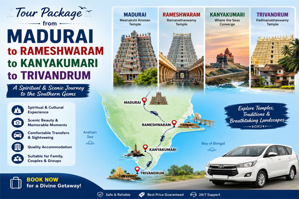 Tour Package from Madurai to Rameshwaram to Kanyakumari to Trivandrum, Book Innova Car in Madurai, Innova Crysta for rent in Madurai